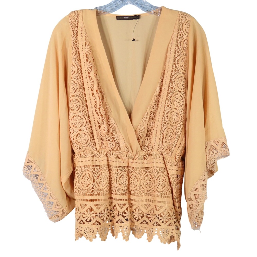 HAZEL Peach Crepe Chiffon PEASANT TOP BLOUSE Peplum Lace Crochet WHIMSIGOTH sz L